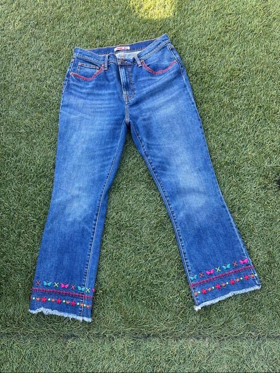 Johnny Was Denim - Johnny Was Blue Embroidered Flare Jeans with Pink & Multicolor Trim